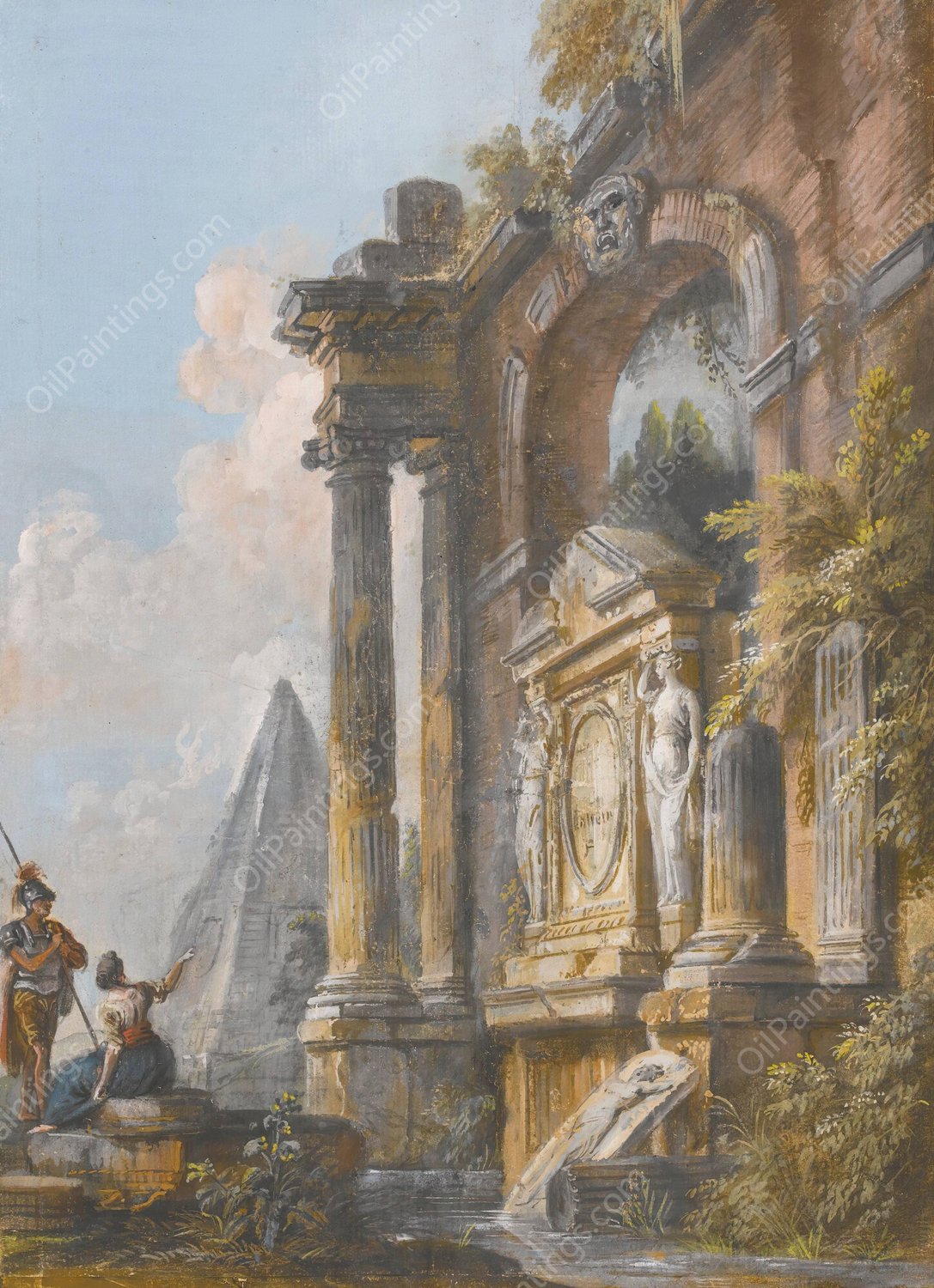 A View Of The Pyramid Of Caius Cestius And Ancient Ruins With A Soldier And Young Lady In The Foreground by Jean-Baptiste Lallemand - Hand-Painted Oil Painting Reproduction