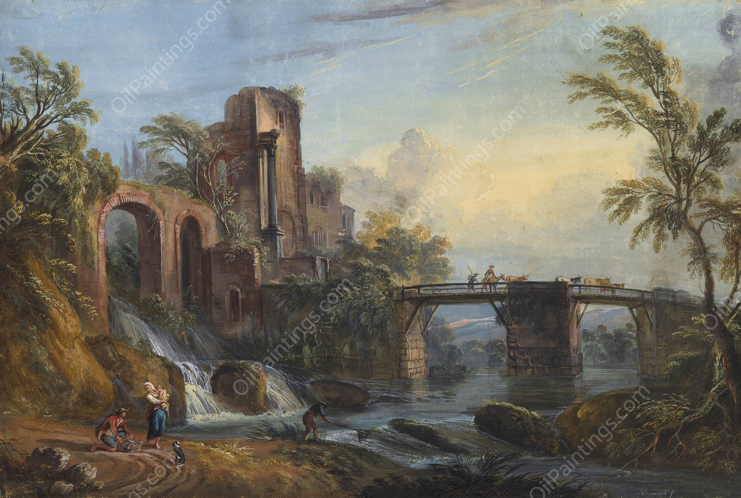 Dawn Landscape with Classical Ruins  by Jean-Baptiste Lallemand - Hand-Painted Oil Painting Reproduction
