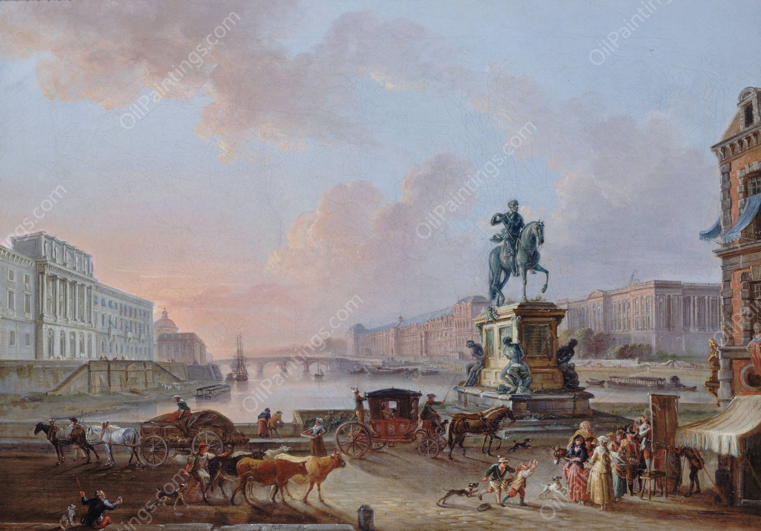 La Monnaie, le Pont Royal et le Louvre, vus du terre-plein du Pont-Neuf  by Jean-Baptiste Lallemand - Hand-Painted Oil Painting Reproduction