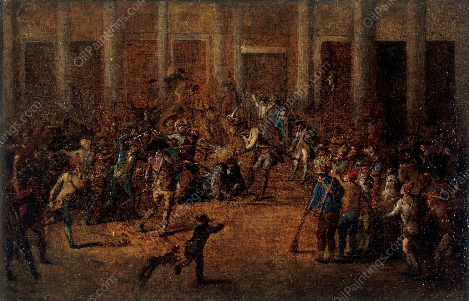 La mort de Flesselles, prevot des marchands, devant l'Hotel de Ville, le 14 juillet 1789, actuel 4eme arrondissement.  by Jean-Baptiste Lallemand - Hand-Painted Oil Painting Reproduction