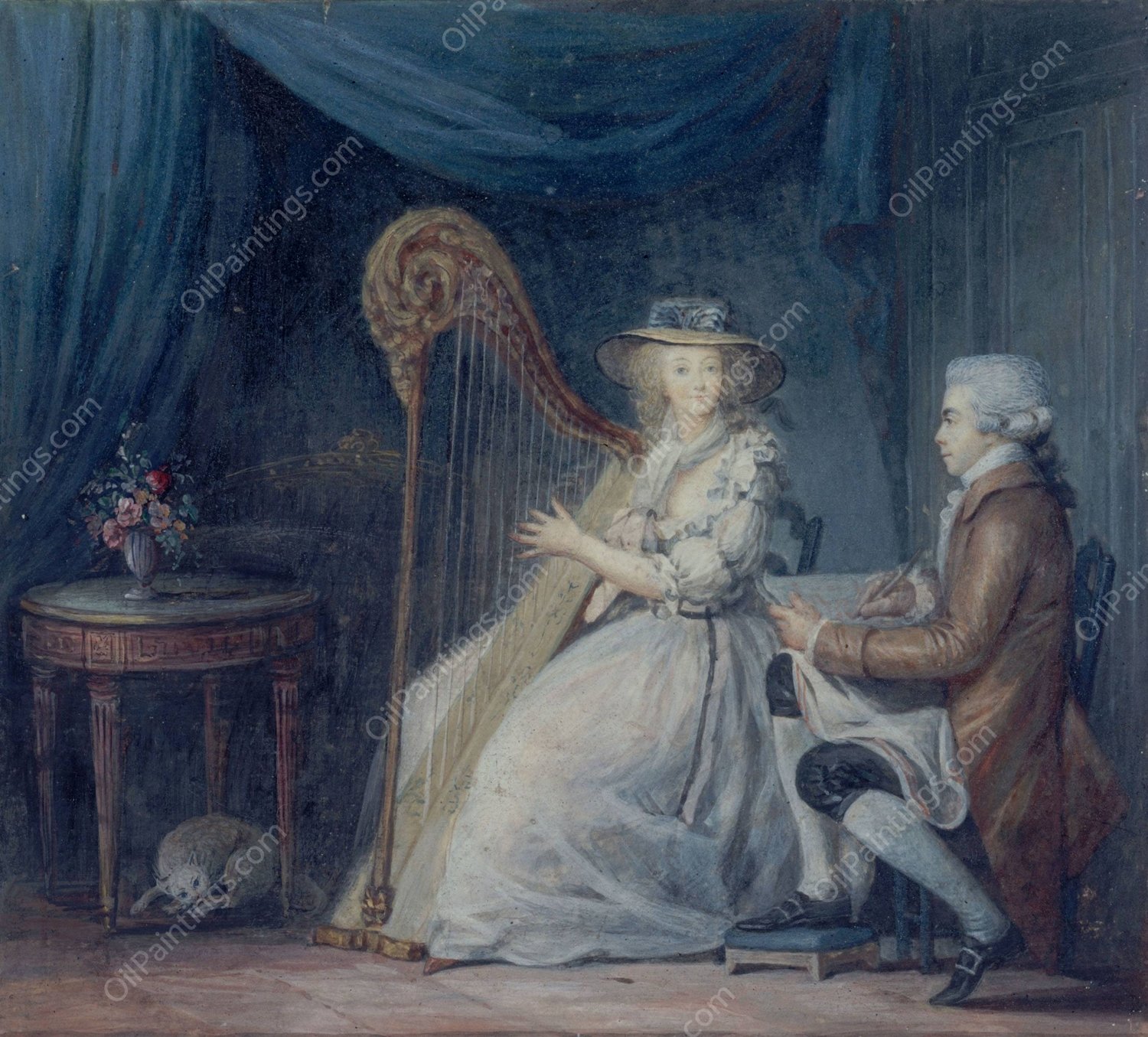 La Belle Harpiste  by Jean-Baptiste Mallet - Hand-Painted Oil Painting Reproduction