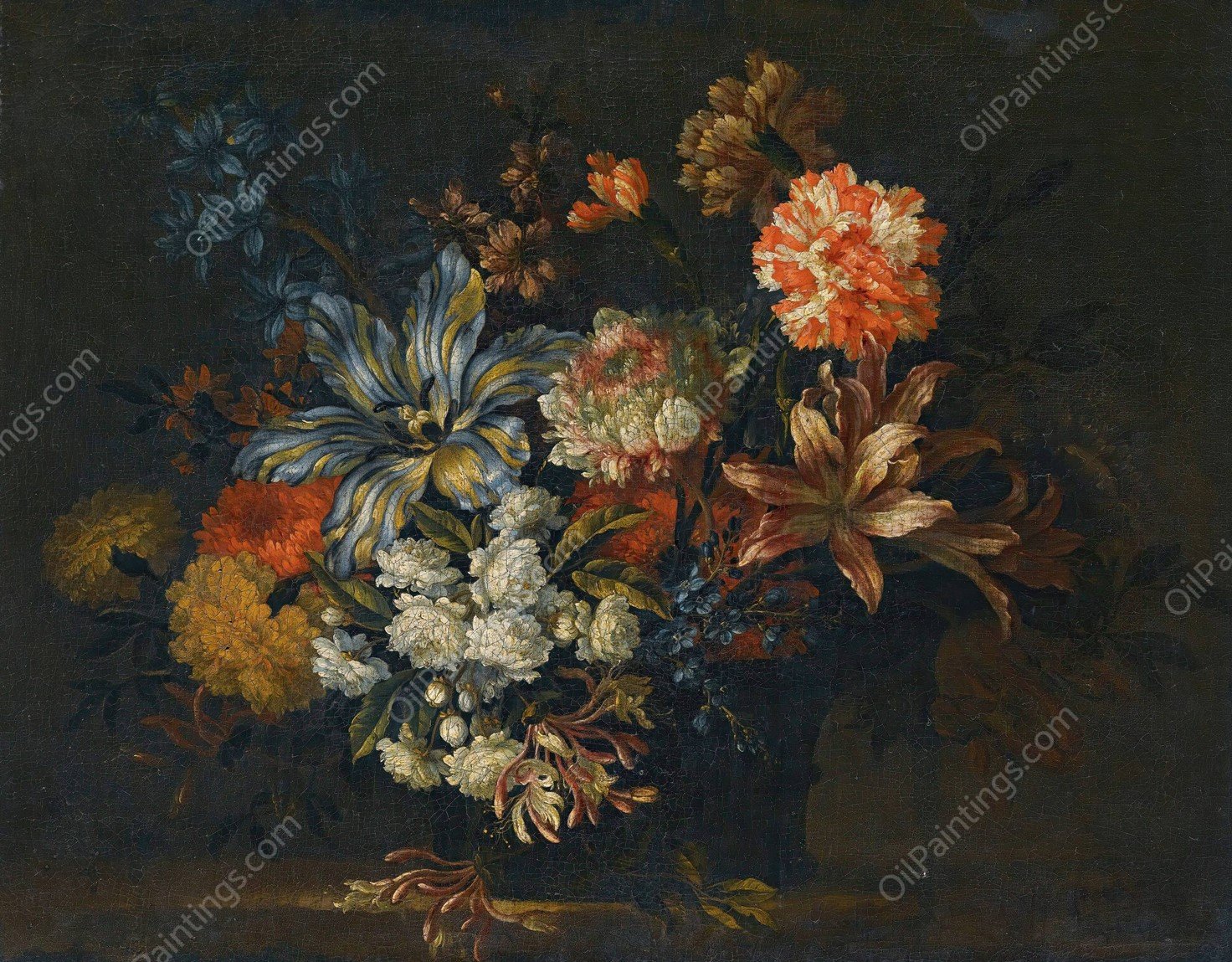 A Still Life Of Lillies, Honeysuckle And Other Flowers In A Vase On A Ledge by Jean-Baptiste Monnoyer - Hand-Painted Oil Painting Reproduction