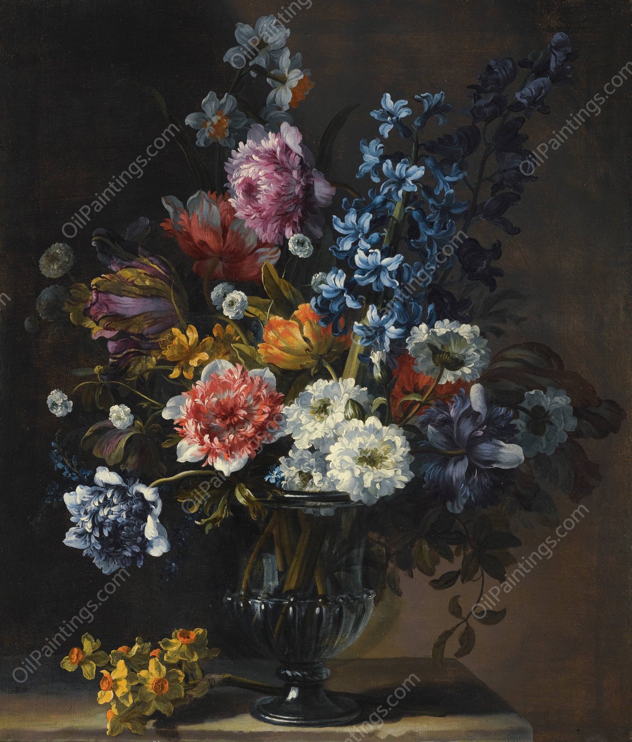 A Still Life With Tulips, A Hyacinth And Other Flowers In A Glass Vase On A Stone Plinth by Jean-Baptiste Monnoyer - Hand-Painted Oil Painting Reproduction