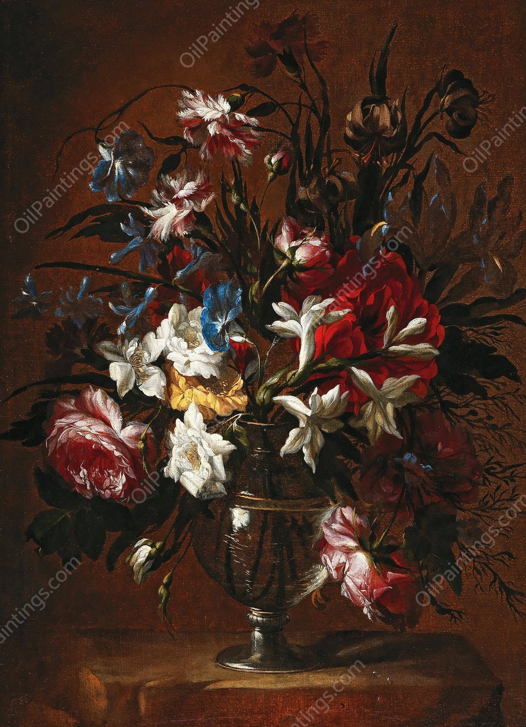 Carnations, roses, lilies and other flowers in a vase on a ledge by Jean-Baptiste Monnoyer - Hand-Painted Oil Painting Reproduction