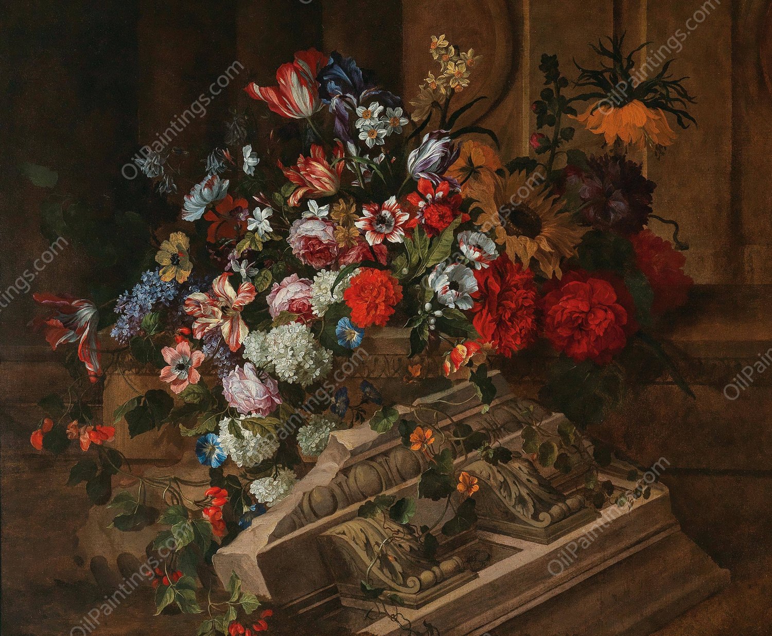 Flowers near a classical cornice on a terrace by Jean-Baptiste Monnoyer - Hand-Painted Oil Painting Reproduction