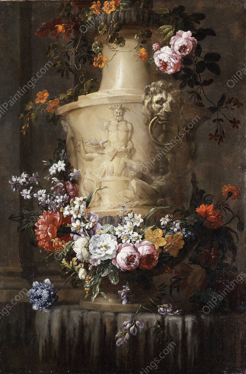 Marble Vase with Garland of Flowers by Jean-Baptiste Monnoyer - Hand-Painted Oil Painting Reproduction