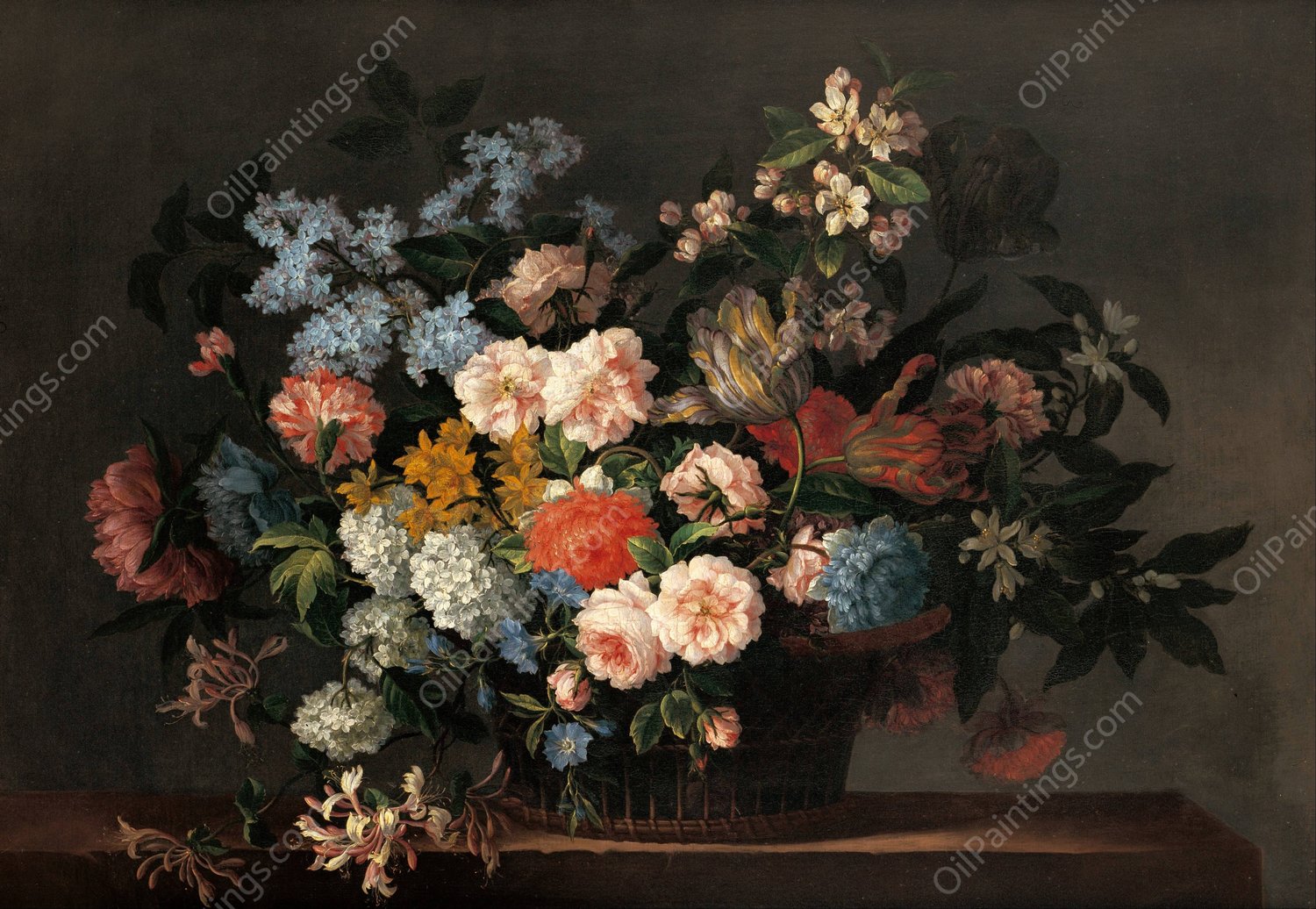 Still life with basket of flowers  by Jean-Baptiste Monnoyer - Hand-Painted Oil Painting Reproduction