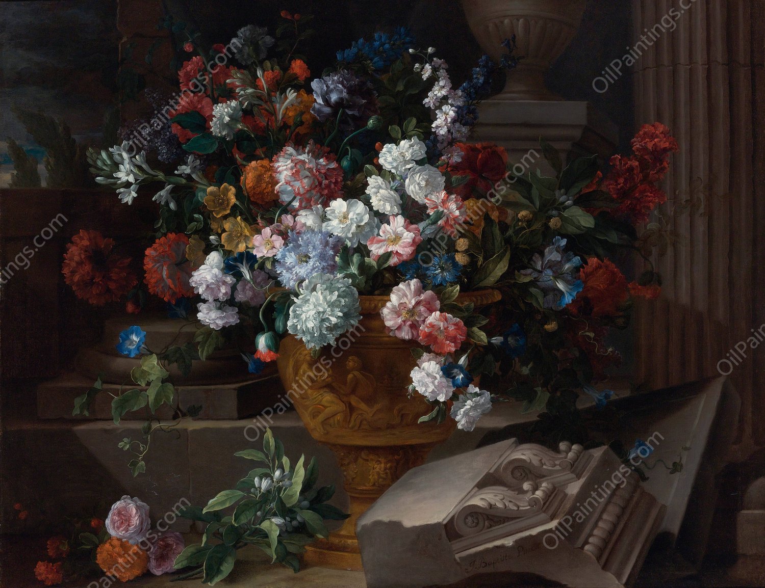 Still Life With Flowers In A Sculpted Urn With Architectural Fragments On A Terrace  by Jean-Baptiste Monnoyer - Hand-Painted Oil Painting Reproduction