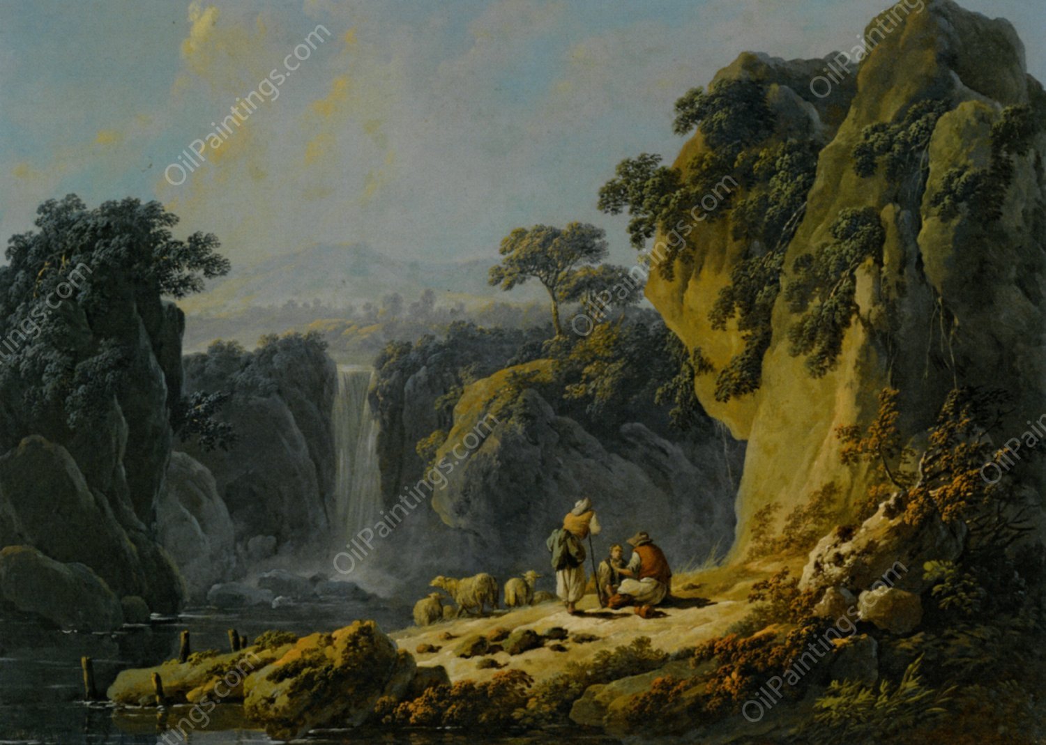 A Landscape with Peasants Resting Their Flock Beside a Waterfall by Jean-Baptiste Pillement - Hand-Painted Oil Painting Reproduction