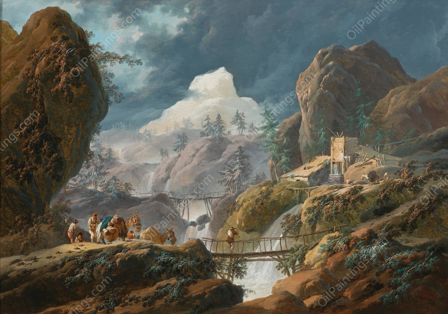 A Mountainous Landscape With Two Foot Bridges And Travelers by Jean-Baptiste Pillement - Hand-Painted Oil Painting Reproduction