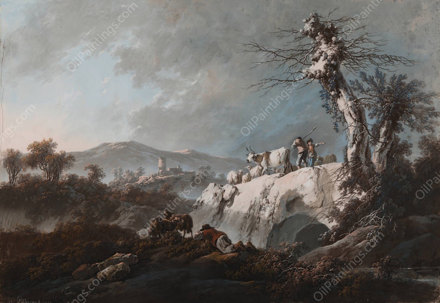 A Rocky Landscape  by Jean-Baptiste Pillement - Hand-Painted Oil Painting Reproduction