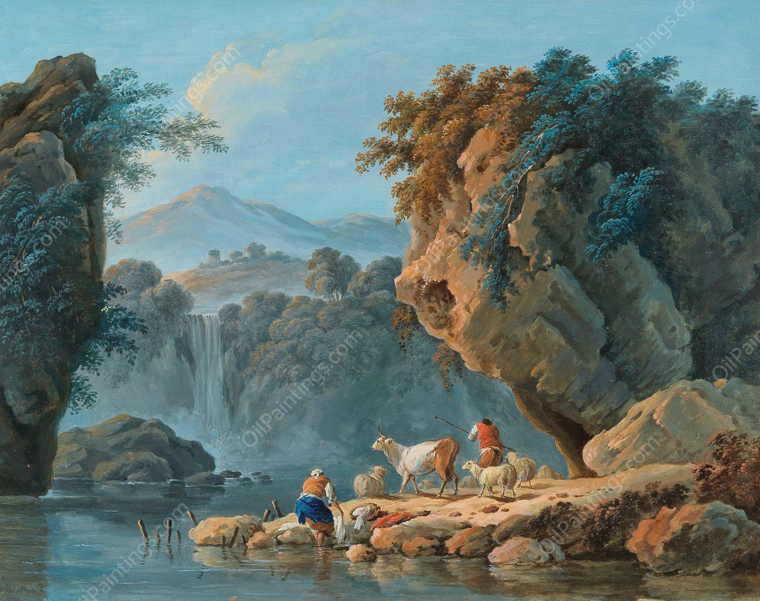 A shepherd couple in a mountainous landscape by Jean-Baptiste Pillement - Hand-Painted Oil Painting Reproduction