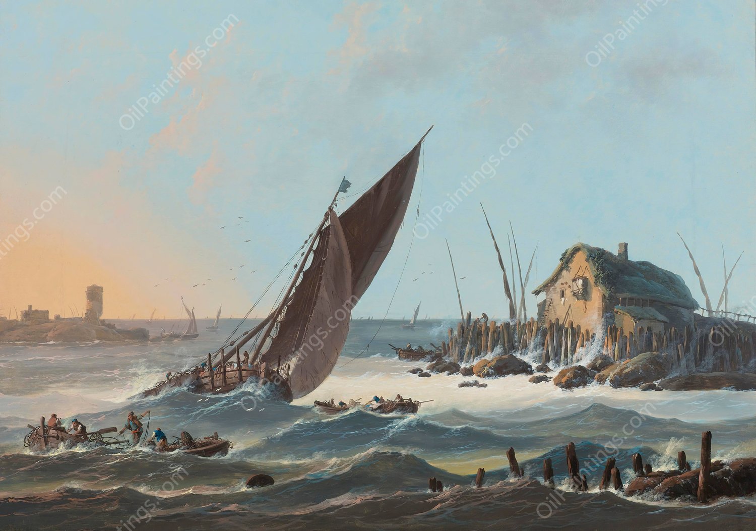 A View Of The Tagus, Portugal, With Ships And Boats In A Rough Sea by Jean-Baptiste Pillement - Hand-Painted Oil Painting Reproduction