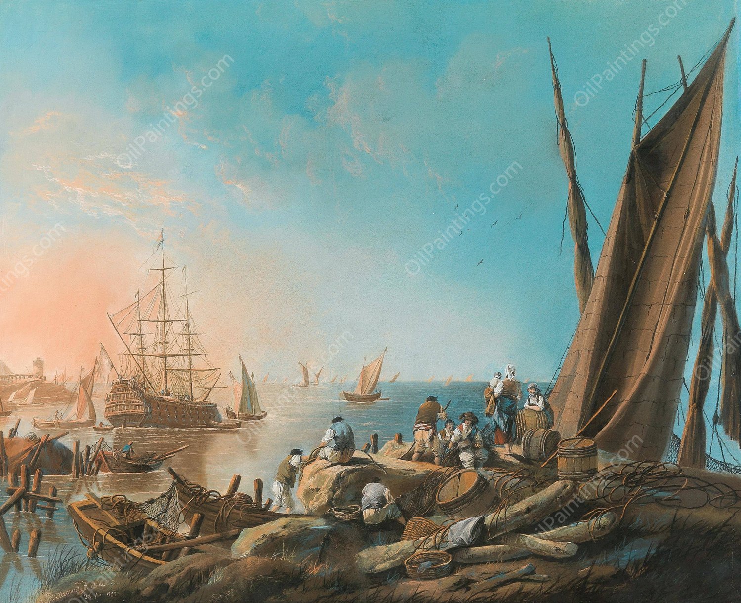 At the mouth of the River Tagus  by Jean-Baptiste Pillement - Hand-Painted Oil Painting Reproduction