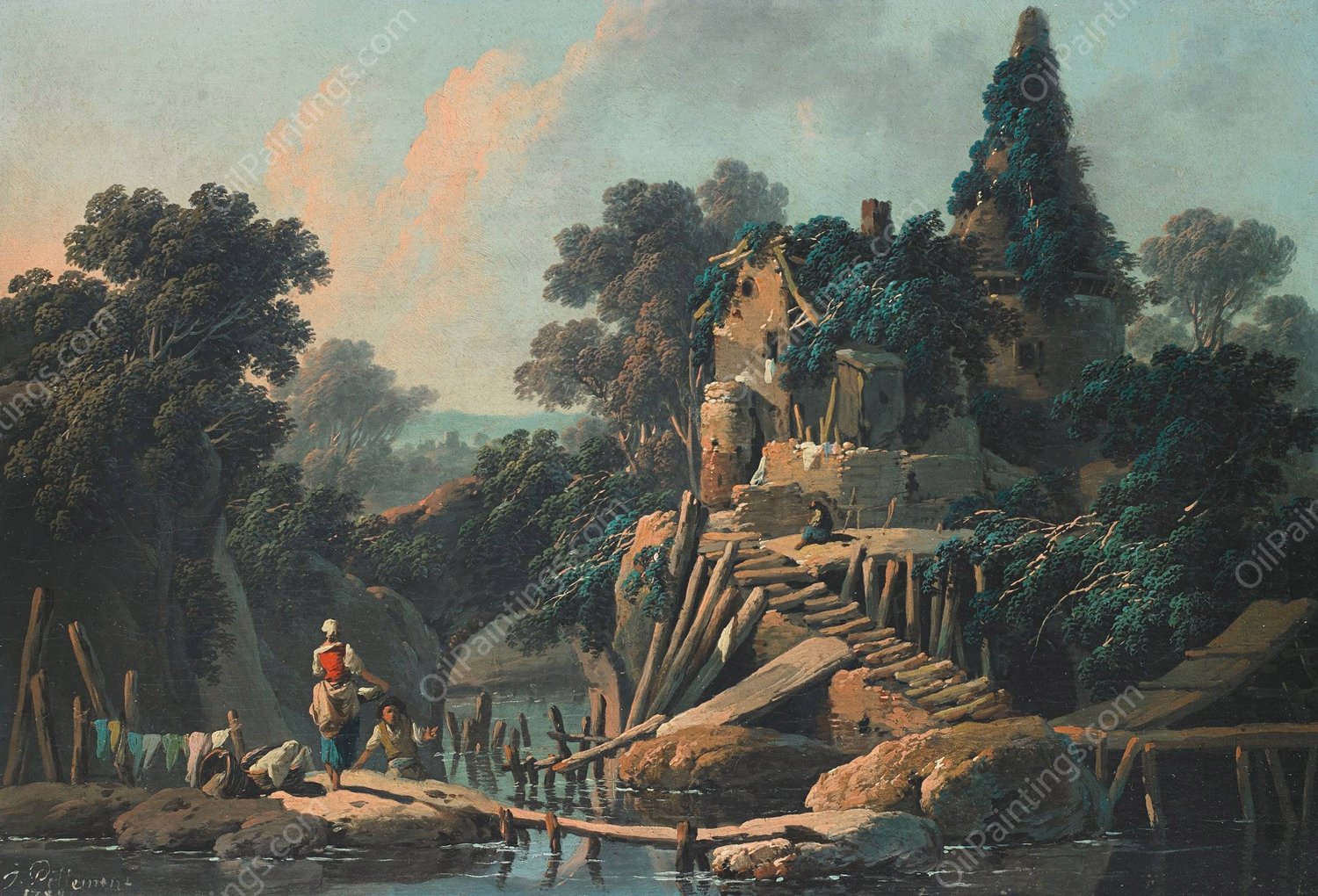 La Vielle Ferme  by Jean-Baptiste Pillement - Hand-Painted Oil Painting Reproduction