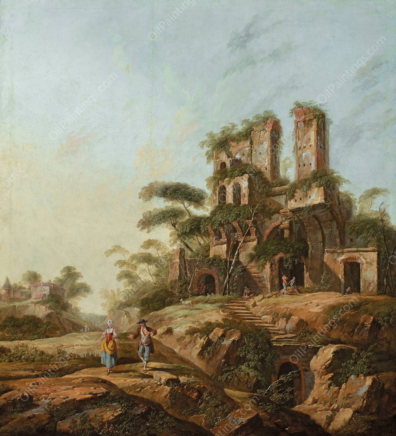 Landscape with the ruins of Aqua Julia in Rome  by Jean-Baptiste Pillement - Hand-Painted Oil Painting Reproduction