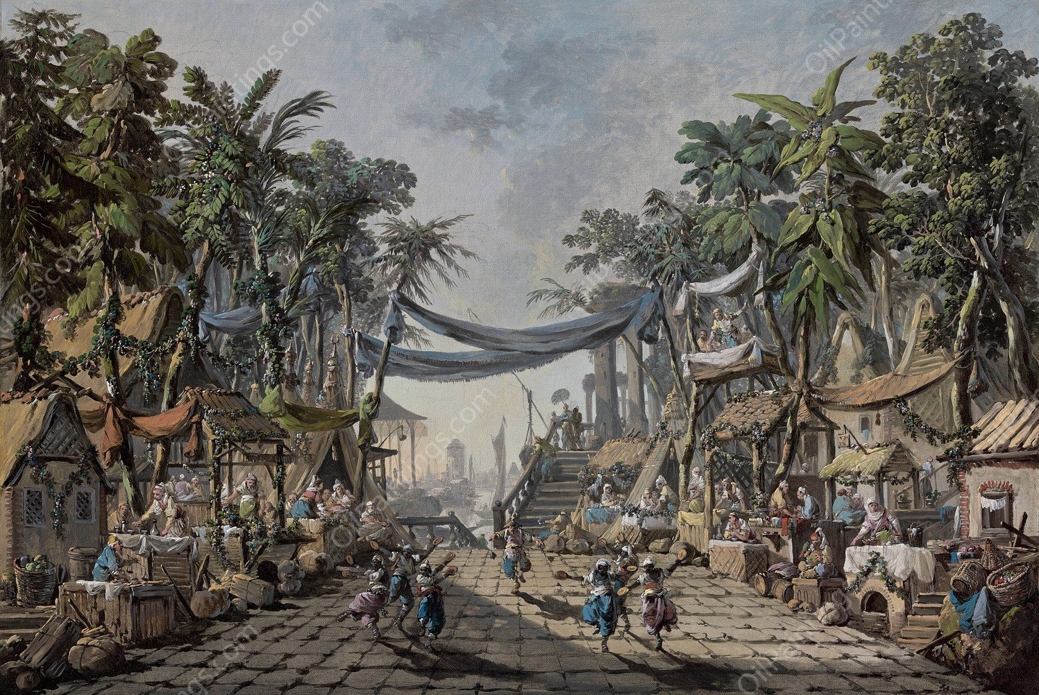 Market Scene in an Imaginary Oriental Port  by Jean-Baptiste Pillement - Hand-Painted Oil Painting Reproduction
