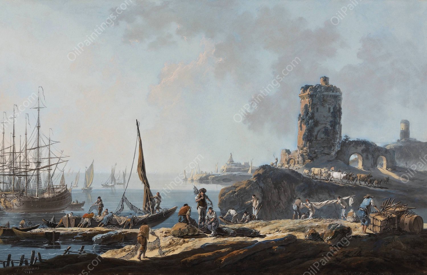 Port Scene in Calm Weather  by Jean-Baptiste Pillement - Hand-Painted Oil Painting Reproduction