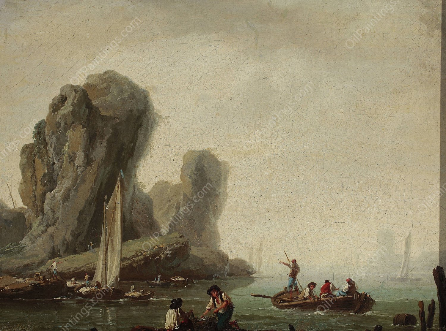 View of the sea with fishing boats  by Jean-Baptiste Pillement - Hand-Painted Oil Painting Reproduction