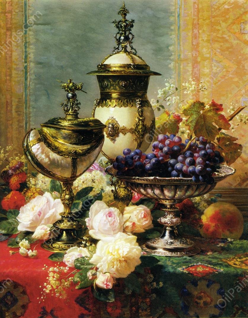 A Still Life with Roses, Grapes and A Silver Inlaid Nautilus Shell by Jean Baptiste Robie - Hand-Painted Oil Painting Reproduction
