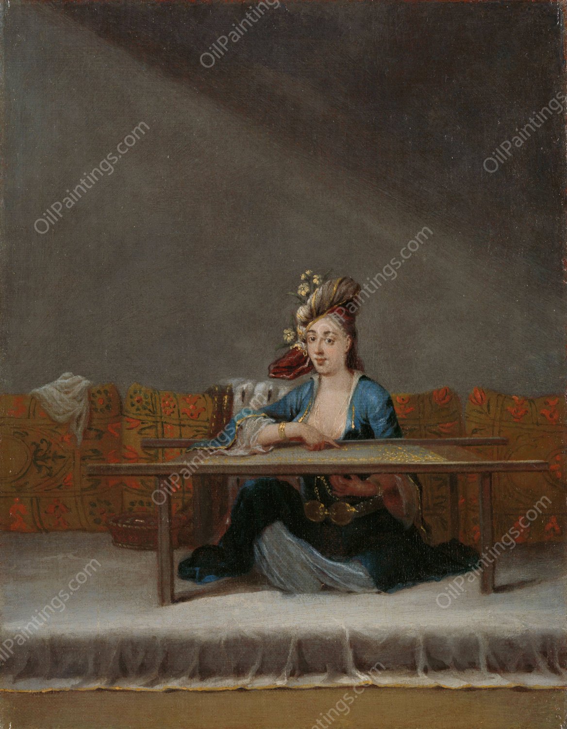 Turkish Woman at her Embroidery Frame  by Jean Baptiste Vanmour - Hand-Painted Oil Painting Reproduction