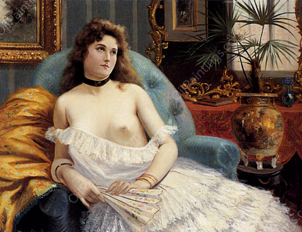 A Lady Holding A Fan by Jean Beauduin - Hand-Painted Oil Painting Reproduction