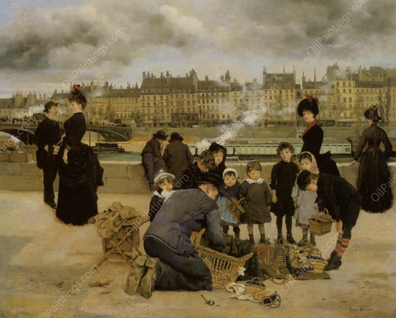 Children With a Toy Seller on the Quai du Louvre by Jean Beraud - Hand-Painted Oil Painting Reproduction