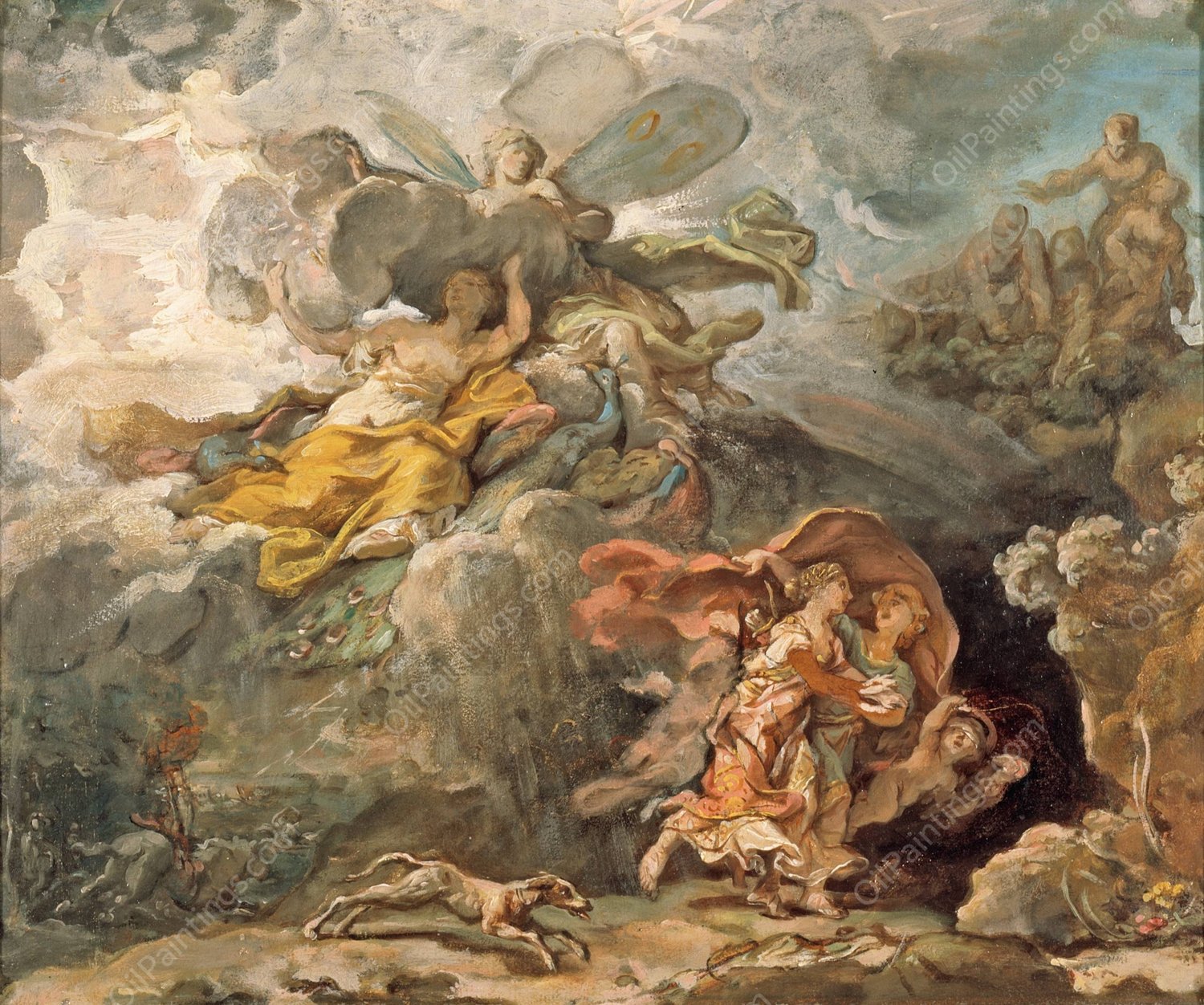 Aeneas and Dido Fleeing the Storm  by Jean Bernard Restout - Hand-Painted Oil Painting Reproduction