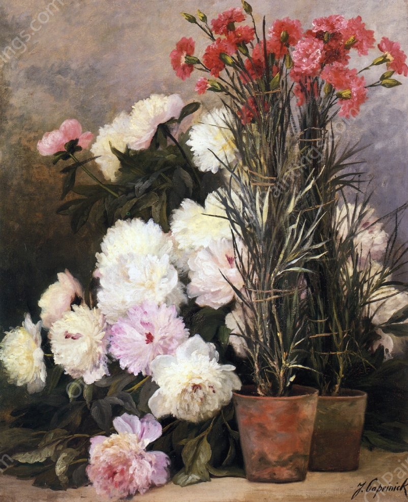 Peonies and Red Carnations by Jean Capeinick - Hand-Painted Oil Painting Reproduction