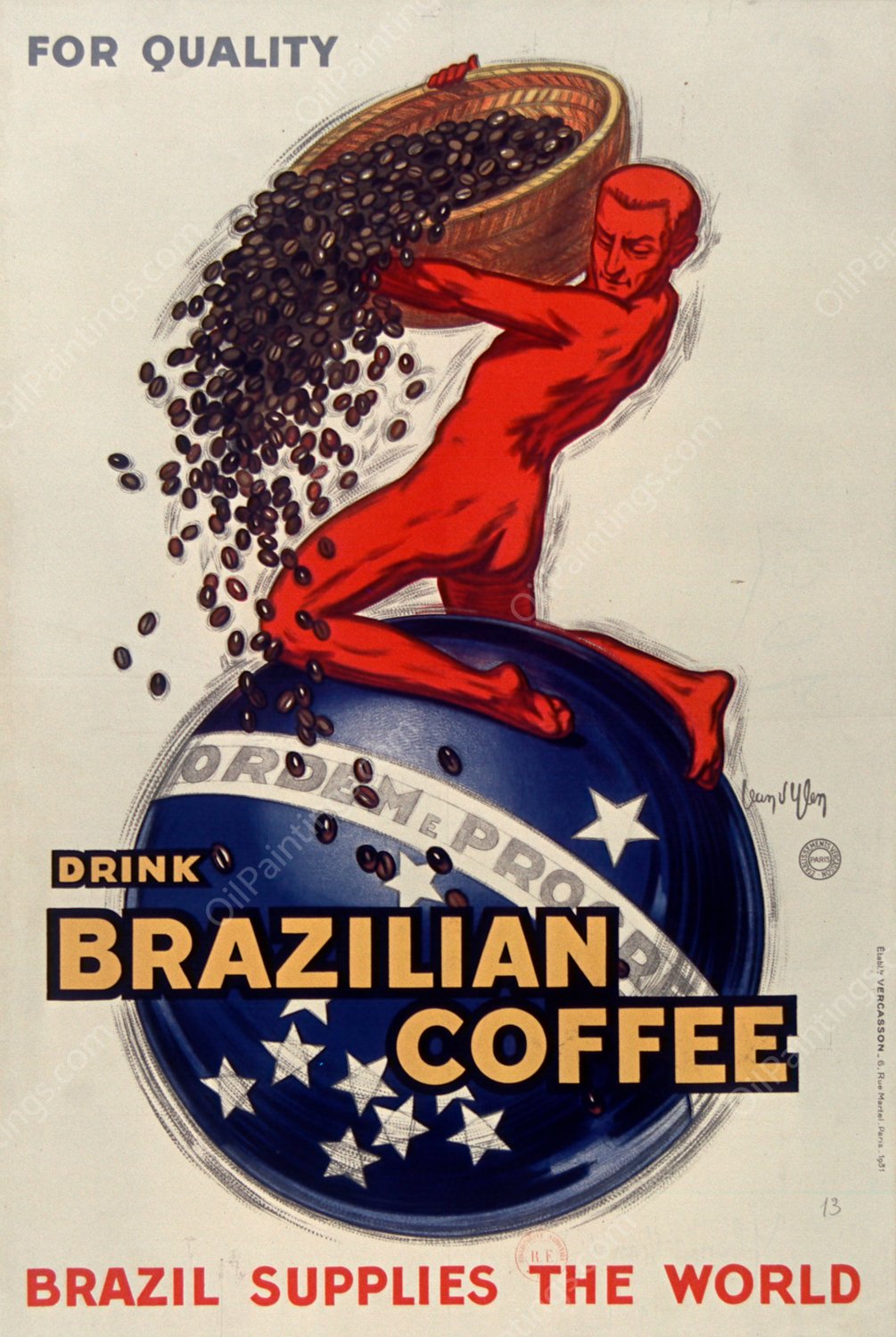 For quality, drink Brazilian coffee - Brazil supplies the world  by Jean D'Ylen - Hand-Painted Oil Painting Reproduction