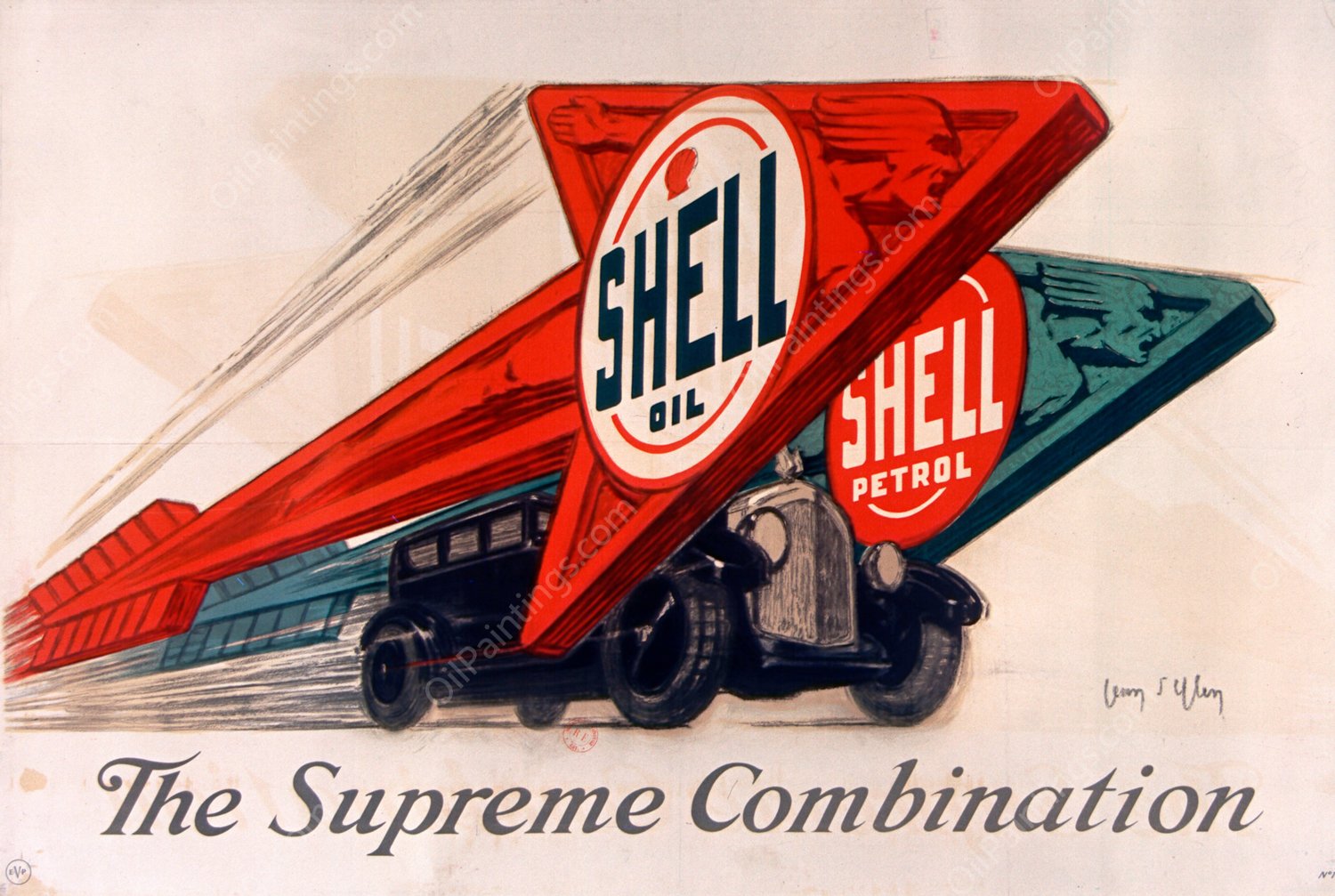 Shell oil - Shell petrol - The supreme combination  by Jean D'Ylen - Hand-Painted Oil Painting Reproduction