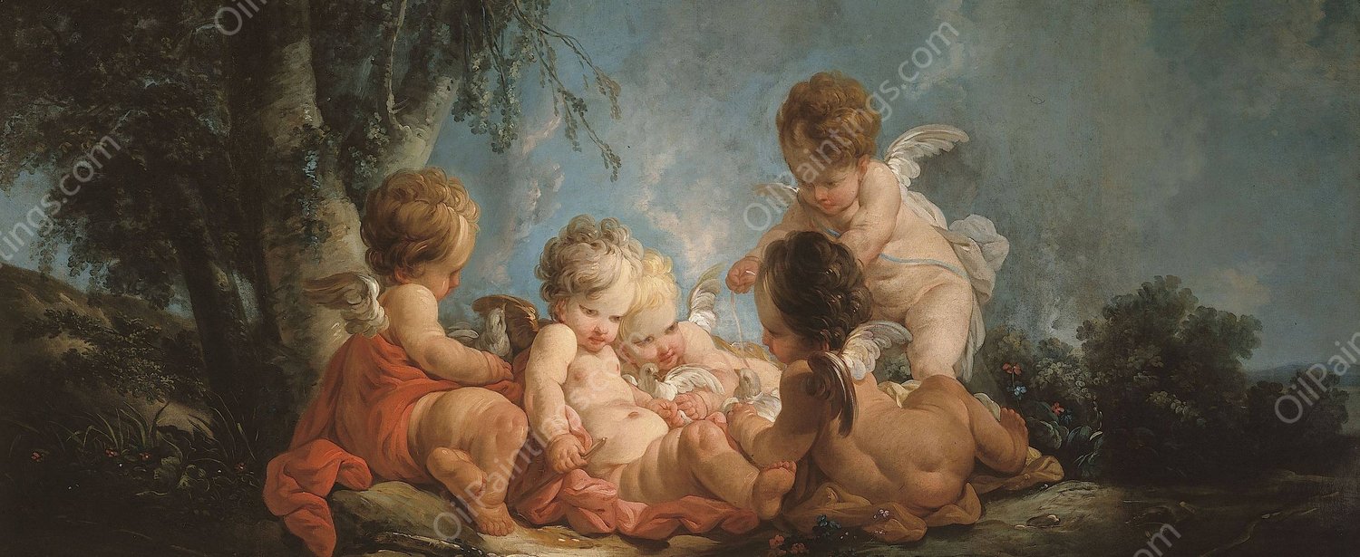 Groupe de cinq Amours jouant avec des colombes  by Jean-Francois Clermont - Hand-Painted Oil Painting Reproduction
