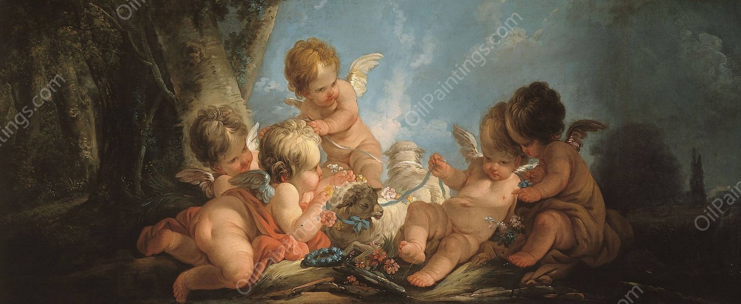 Groupe de cinq Amours jouant avec deux moutons  by Jean-Francois Clermont - Hand-Painted Oil Painting Reproduction