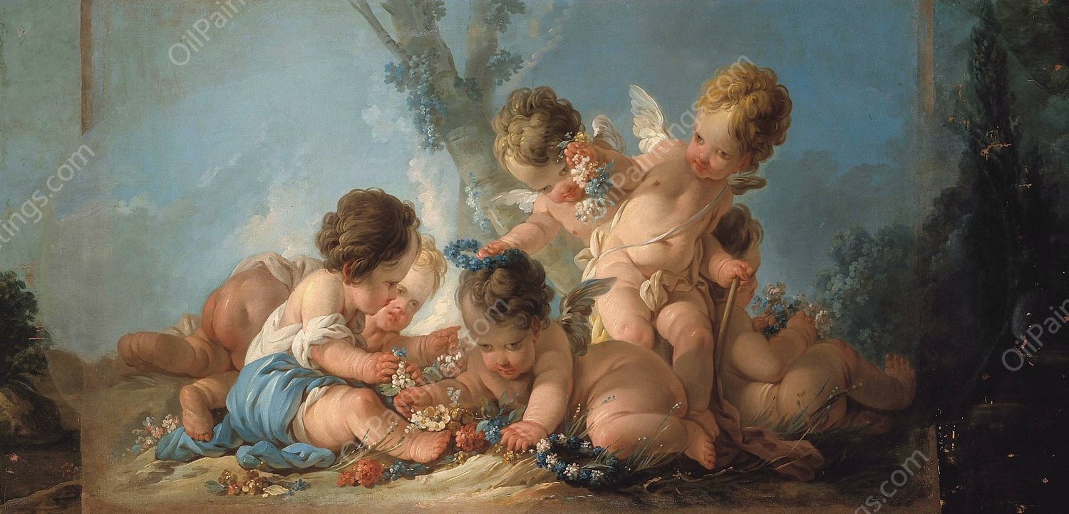 Groupe de six Amours jouant avec des fleurs  by Jean-Francois Clermont - Hand-Painted Oil Painting Reproduction