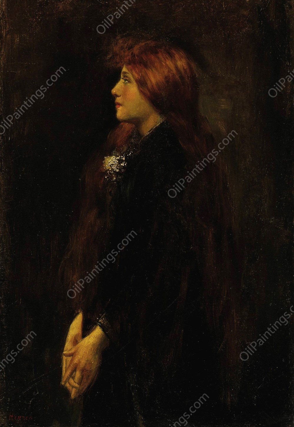 Portrait, Red Haired Beauty Standing in Profile by Jean-Jacques Henner - Hand-Painted Oil Painting Reproduction