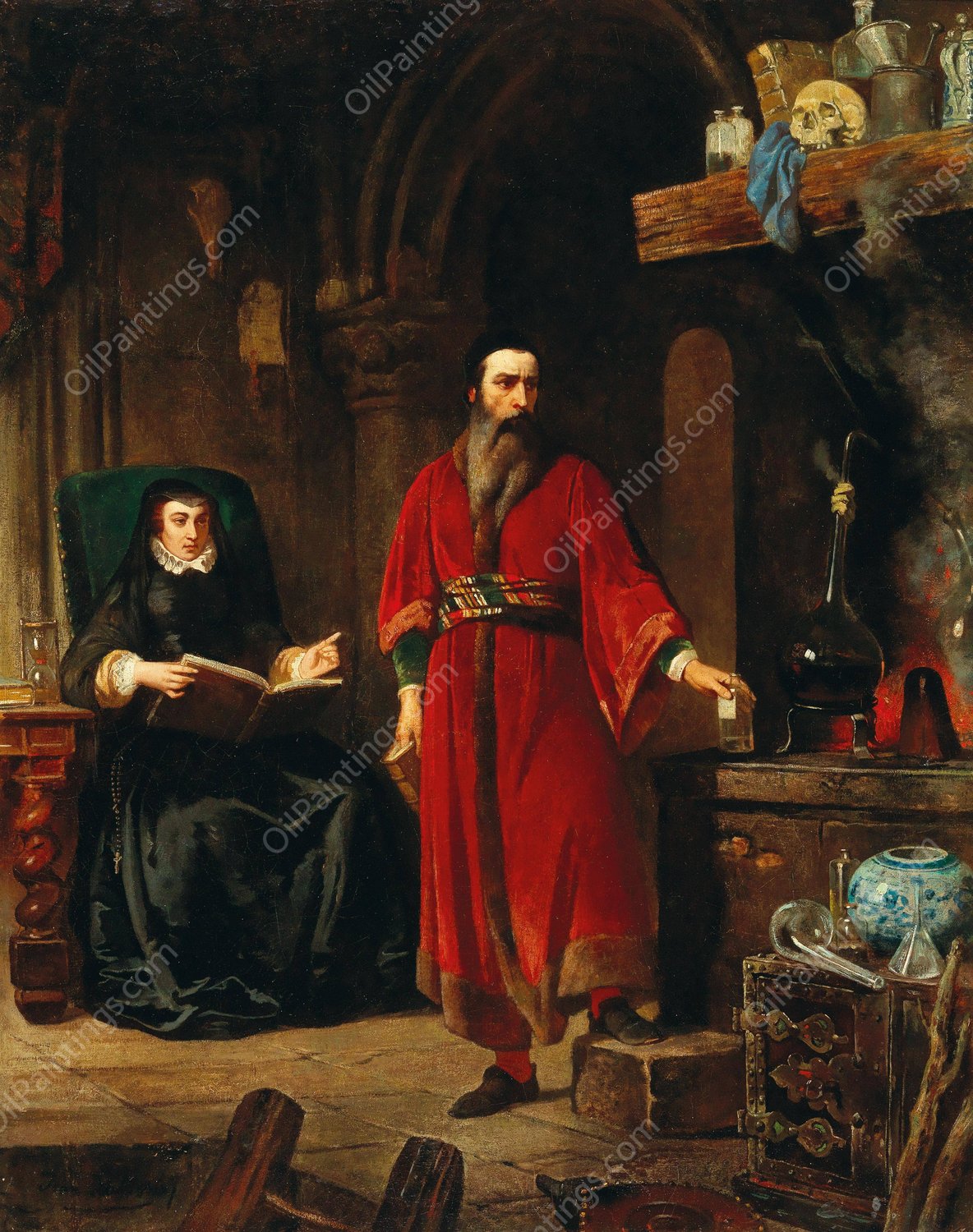 Catharine de'Medici and the Alchemist Cosimo Ruggieri by Jean Lulves - Hand-Painted Oil Painting Reproduction