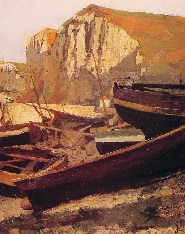 Barques au pied d'une falaise en Normandie by Jean-Paul Laurens - Hand-Painted Oil Painting Reproduction