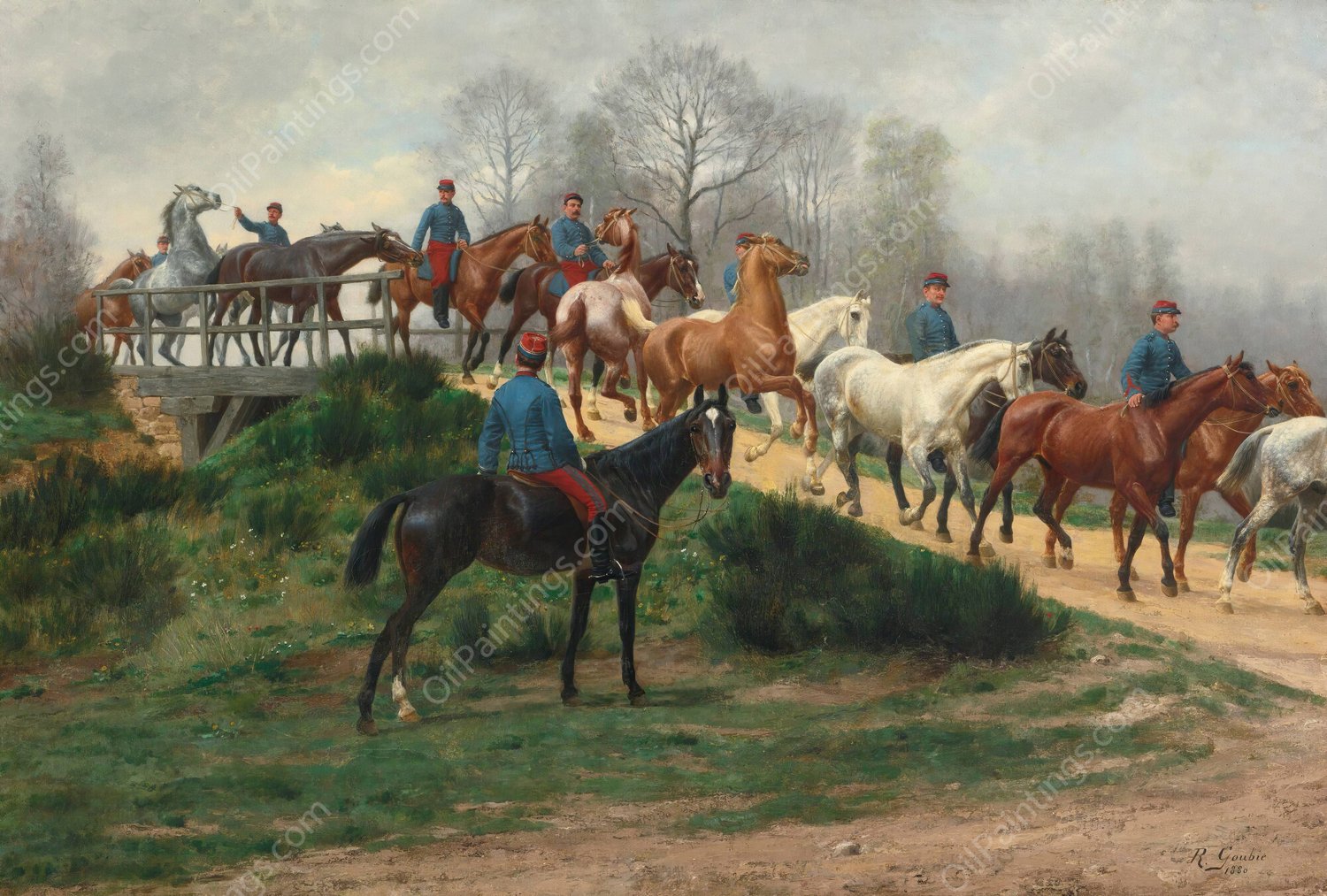 Soldiers leading horses over a bridge  by Jean Richard Goubie - Hand-Painted Oil Painting Reproduction