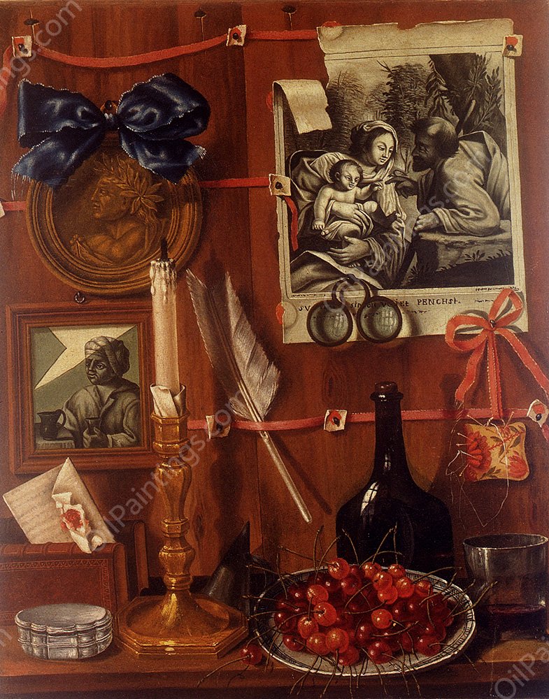 Trompe L'Oeil With A Basket Of Cherries On A Table And Engravings Tacked Up To A Wall by Jean Valette-Falgores - Hand-Painted Oil Painting Reproduction