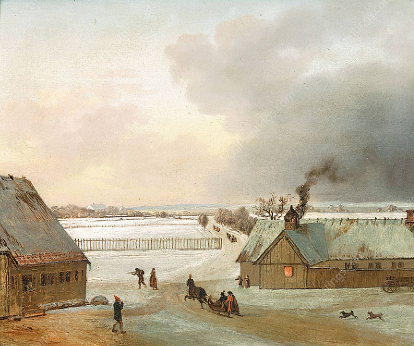 Vinterstykke Forestillende Udsigt Til Soelyst Fra Ordrup Med En Kanefaerd by Jens Juel - Hand-Painted Oil Painting Reproduction