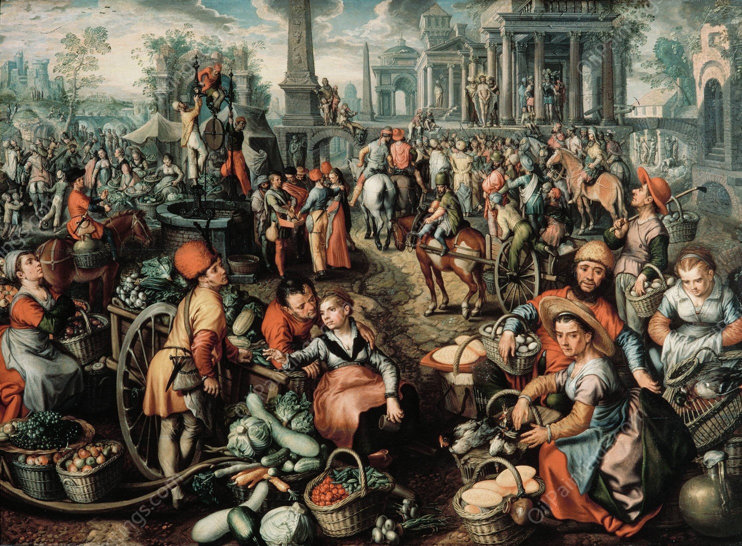 Market Scene, Ecce Homo, the Flagellation and the Carrying of the Cross  by Joachim Beuckelaer - Hand-Painted Oil Painting Reproduction