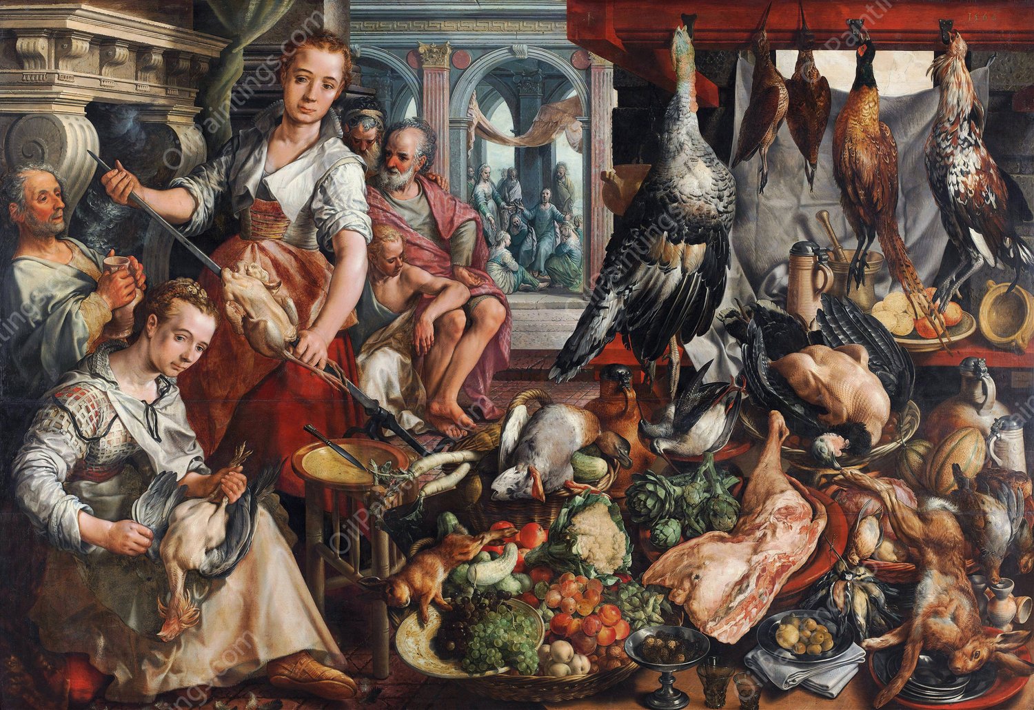 The Well-stocked Kitchen with Jesus in the House of Martha and Mary in the Background  by Joachim Beuckelaer - Hand-Painted Oil Painting Reproduction