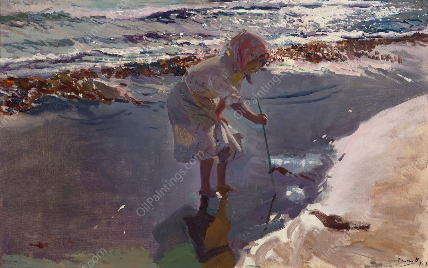 Buscando mariscos, playa de Valencia  by Joaquin Sorolla - Hand-Painted Oil Painting Reproduction