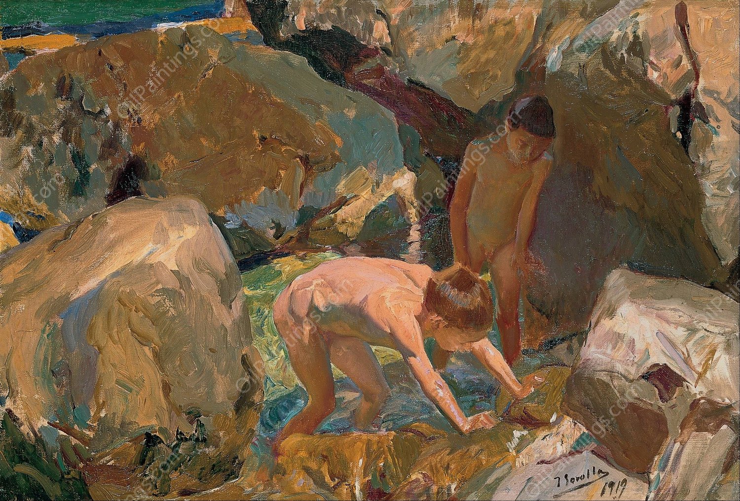 Children Looking For Shellfish by Joaquin Sorolla - Hand-Painted Oil Painting Reproduction
