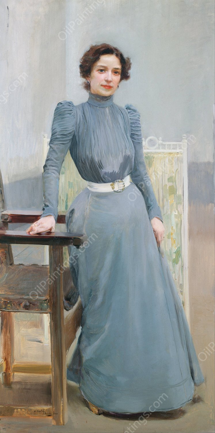 Clotilde con traje gris — Clotilde in a grey dress  by Joaquin Sorolla - Hand-Painted Oil Painting Reproduction
