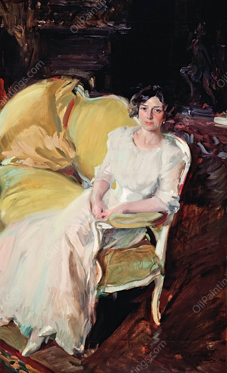 Clotilde seated on the Sofa  by Joaquin Sorolla - Hand-Painted Oil Painting Reproduction