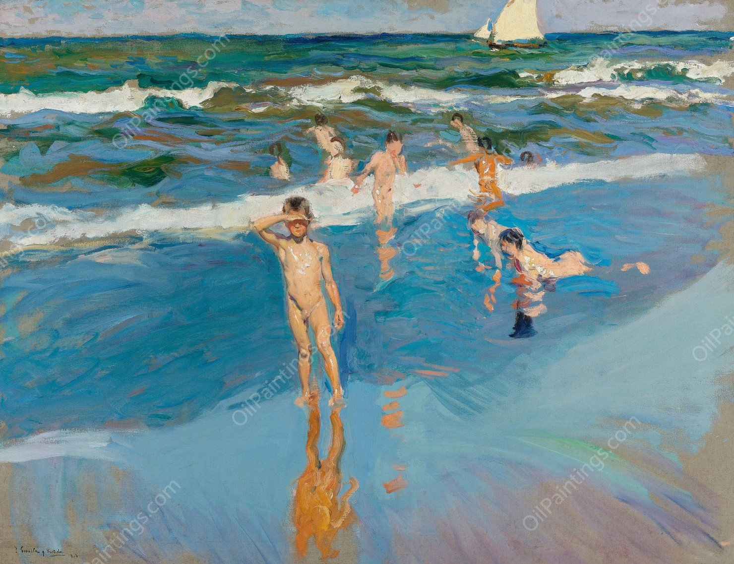 Ninos En El Mar. Playa De Valencia  by Joaquin Sorolla - Hand-Painted Oil Painting Reproduction