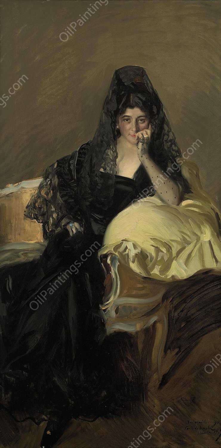 Portrait of Senora de Urcola wearing a black mantilla  by Joaquin Sorolla - Hand-Painted Oil Painting Reproduction