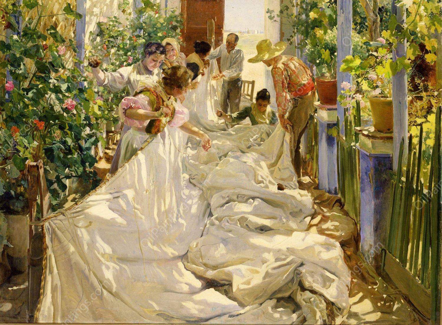 Sewing the Sail  by Joaquin Sorolla - Hand-Painted Oil Painting Reproduction