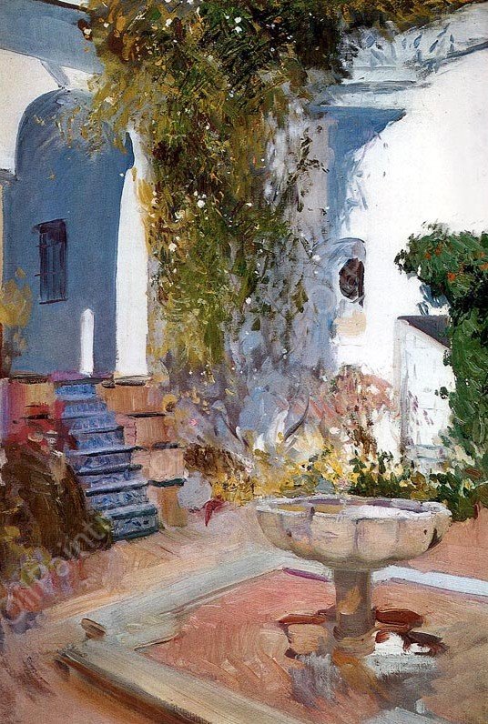 Fountain at the Alcazar in Sevilla by Joaquin Sorolla y Bastida - Hand-Painted Oil Painting Reproduction